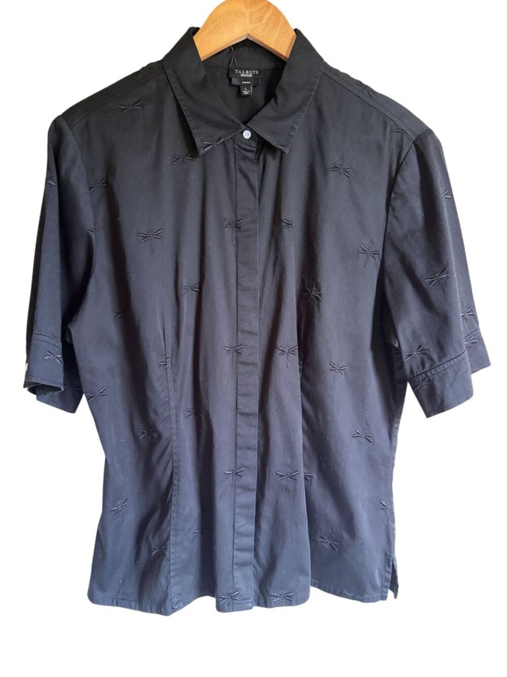 Talbots True Black Size Large Dragonfly Embroidered Collared Shirt